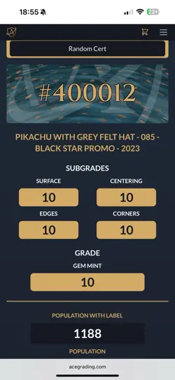 Pikachu with Grey Felt Hat Promo SVP 085 Pokemon ACE 10 - Perfect Subgrades - Image 3