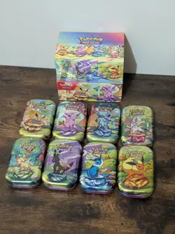 Prismatic Evolutions Pokemon TCG Complete 8 Mini Tin Set with Cards Coins Empty - Image 2