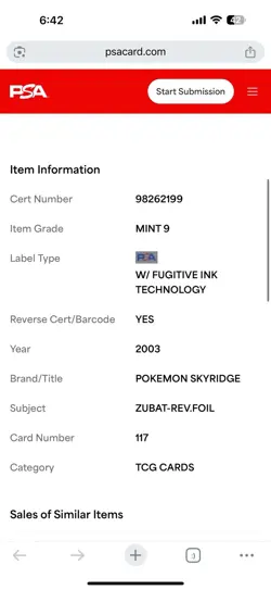 2003 Pokemon Skyridge #117 Zubat - Reverse Foil (PSA 9 MINT) - Image 3