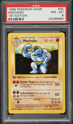 1999 Pokemon Game Base Set #34 MACHOKE 1st First Edition PSA 8 NM-MT TCG Card - Image 1