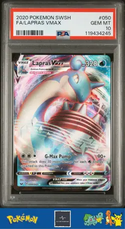 2020 Pokemon SWSH Sword & Shield Base Set 050/202 203/202 Lapras VMAX PSA 10 - Image 2