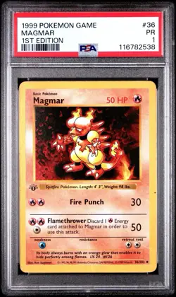 PSA 1 Magmar 1st Edition Shadowless 36/102 Base Set 1999 Pokemon WoTC PR - Image 1