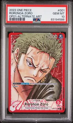One Piece Card Game PSA 10 Roronoa Zoro OP01-001 Alternate Art Gem Mint - Image 1
