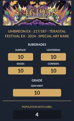 Ace 10 Chinese Umbreon ex 217/187 Terastal Festival SAR perf subgrades- bargain - Image 3