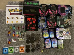 Assorted Lot of Pokemon TCG Tins, ETB, Pins, Coins, Dice, 151 Poster EMPTY - Image 1