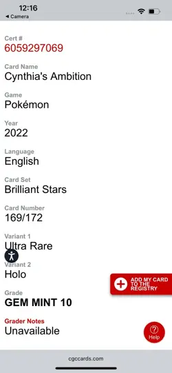 Pokemon TCG Cynthia's Ambition Brilliant Stars 169/172 Holo CGC Gem Mint 10 - Image 3