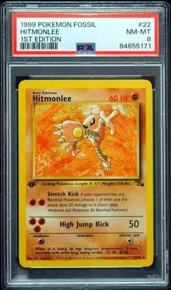 1st Edition Hitmonlee 22/62 PSA 8 Fossil Pokemon Card - Image 1