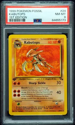 1st Edition Kabutops 24/62 PSA 8 Fossil Pokemon Card - Image 1