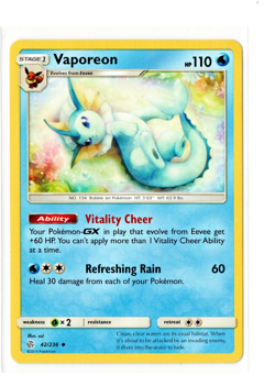 Pokemon TCG Vaporeon 42/236 Non Holo Rare Cosmic Eclipse Game Freak Nintendo -LP - Image 1