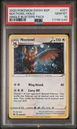 2020 POKEMON SWSH BLACK STAR PROMO #027 NOCTOWL-HOLO SINGLE BLISTERS PACK PSA 10 - Image 1