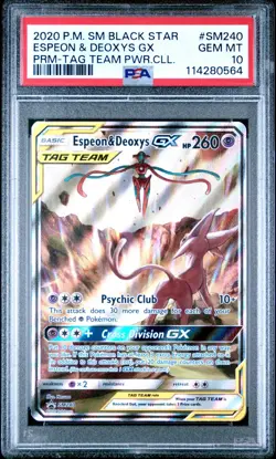 Pokemon Holo Espeon & Deoxys GX SM240 PSA 10 Gem Mint Tag Team Promo Card - Image 1