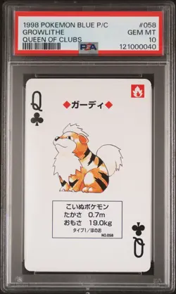 PSA 10 Growlithe Queen of Clubs Blue Playing Poker Card 1998 Japanese Pokemon - Image 1