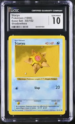 CGC 10 GEM MINT Staryu 1999 Base Set 65/102 Shadowless Pokemon Card psa - Image 1