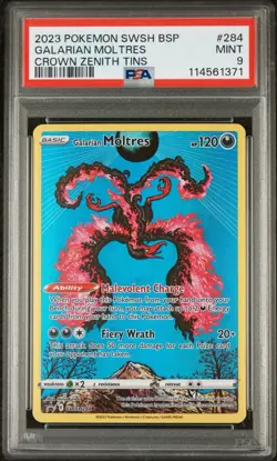 PSA 9 GALARIAN MOLTRES #284 POKEMON 2023 SWSH BLACK STAR PROMO CROWN ZENITH TINS - Image 1