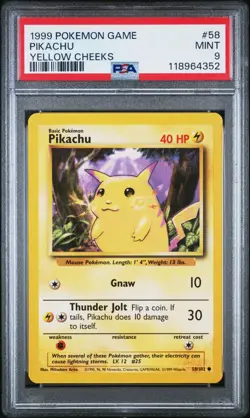 1999 POKEMON GAME BASE SET #58 PIKACHU YELLOW CHEEKS PSA 9 MINT - Image 1