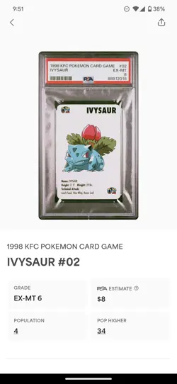 Ivysaur #02 Pokemon Card Game Mini KFC 1998 Nintendo PSA 5 POP 1 - Image 3