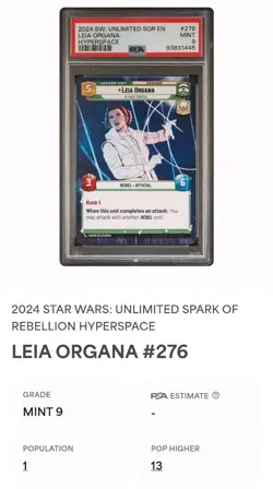 2024 Star Wars Unlimited TCG Leia Organa Leader Card #276 Hyperspace PSA 9 POP1 - Image 4
