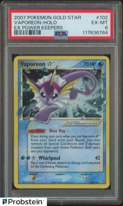 2007 Pokemon Gold Star Ex Power Keepers #102 Vaporeon Holo PSA 6 EX-MT - Image 1