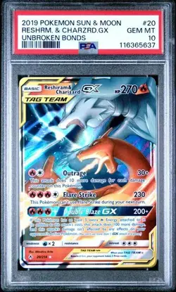 PSA 10 RESHIRAM & CHARIZARD GX 20 UNBROKEN BONDS SUN & MOON TAG TEAM GX POKEMON - Image 1