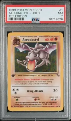 TCG 1999 Pokemon AERODACTYL Fossil 1ST Edition HOLO Foil Card # 1 Graded PSA 7 - Image 1