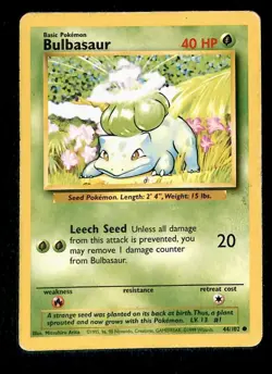 Bulbasaur Base Set 1999 Unlimited Print VG, 44/102 Pokemon Card. - Image 1