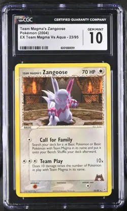 Team Magma's Zangoose 23/95 EX Magma V Aqua Non Holo Pokemon CGC 10 GEM MINT - Image 1