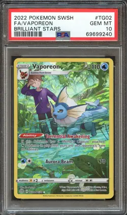 PSA 10 GEM MINT VAPOREON FULL ART TG02/TG30 BRILLIANT STARS 2022 POKEMON TCG - Image 1