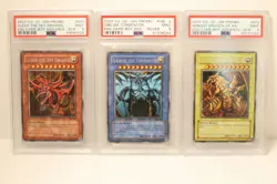 YuGiOh God Cards Secret Set Slifer Obelisk Ra GBI-001 GBI-002 GBI-003 PSA 9 Mint - Image 1