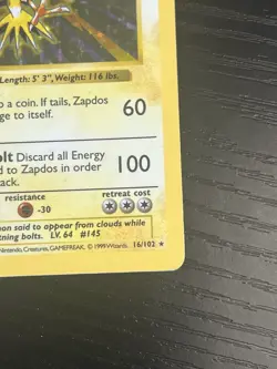Pokemon TCG Zapdos 016/102 Base Set (Shadowless) Holo Card WOTC 1999 HP - Image 5