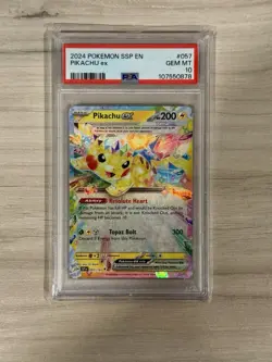 2024 POKEMON CARD SV SSP EN SURGING SPARKS #057 PIKACHU EX PSA 10 GEM MT - Image 1