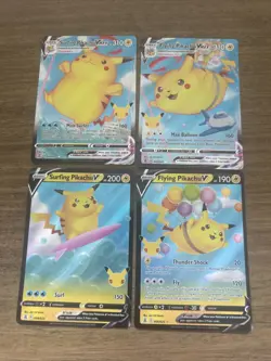 Surfing Pikachu & Flying Pikachu V & Vmax 4 Card Set Pokemon TCG Celebrations NM - Image 1