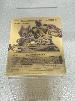 Pokemon 2024 Fan Art Gold Foil Card Thanos & Mewtwo Basic Tag Team Gx Hp 300 - Image 1