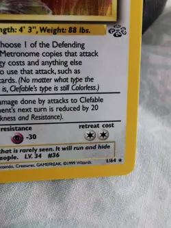 Pokemon TCG Clefable Holo Rare Card 1/64 Jungle WOTC Vintage Near Mint - Image 4