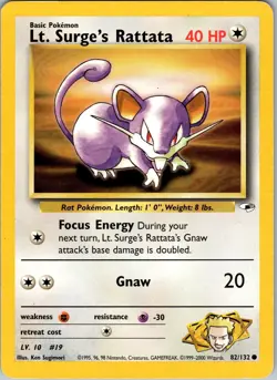 Pokemon TCG Lt. Surge's Rattata Gym Heroes 82/132 Unlimited Common Card WOTC MP - Image 1