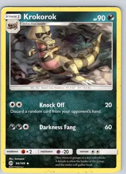 Pokemon TCG Krokorok Sun & Moon Base Set 84/149 Regular Uncommon Card Played HP - Image 1