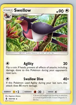 Pokemon TCG Swellow S&M Guardians Rising 104/145 Regular Rare Card LP-NM - Image 1