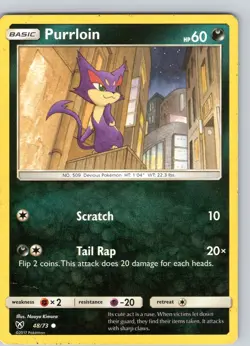 Pokemon TCG Purrloin S&M Shining Legends 48/73 Regular Common Card Played LP - Image 1