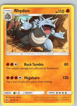 Pokemon TCG Rhydon S&M Burning Shadows 66/147 Regular Uncommon Card Played LP - Image 1
