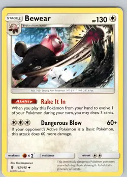 Pokemon TCG Bewear S&M Guardians Rising 113/145 Regular Uncommon Card Played LP - Image 1