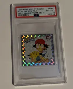 1999 POKEMON STICKERS SER 1 BONUS PRISM STICKERS #PR13 PIKACHU AND ASH PSA 8 - Image 1