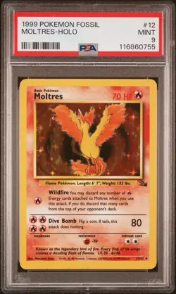 1999 Pokemon Moltres Holo Rare Card #12/62 PSA Mint 9 Fossil Set TCG - Image 1