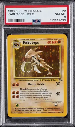 1999 POKEMON FOSSIL #9 KABUTOPS-HOLO PSA 8 - Image 1