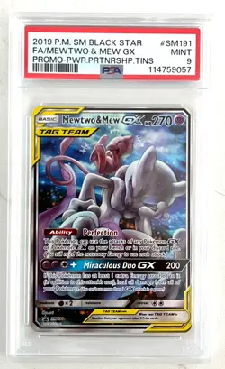 Pokemon TCG Black Star Promo Mewtwo & Mew GX SM191 Card PSA 9 Mint Full Art - Image 1
