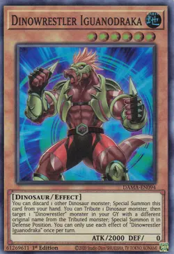 YUGIOH..DINOWRESTLER IGUANODRAKA..DAMA-EN094..NM/MT/NP..1ST EDITION..SUPER RARE - Image 1