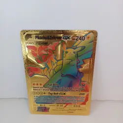 Pokemon Pikachu & Zekrom GX Tag Team Gold Foil Rainbow Art Metal Card Excellent - Image 1