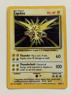 Pokemon TCG Zapdos Base Set Holo Unlimited Rare Card 16/102 - Image 1