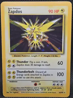 Pokemon TCG Zapdos Base Set Holo Unlimited Rare Card 16/102 - Image 1