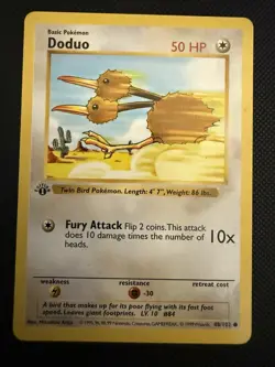 1st Edition Shadowless Doduo Pokemon Card 1999 WOTC Base Set 048/102 - Image 1