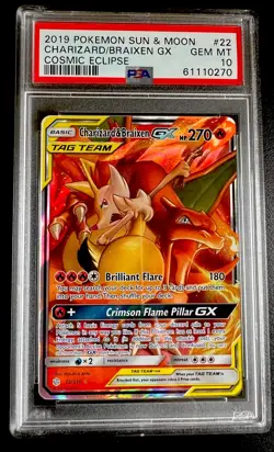2019 Pokemon SM Cosmic Eclipse Charizard Braixen GX #22 Full Art Holo PSA 10 - Image 1